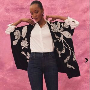 Chicos black kimono with white flowers.  Size S/M